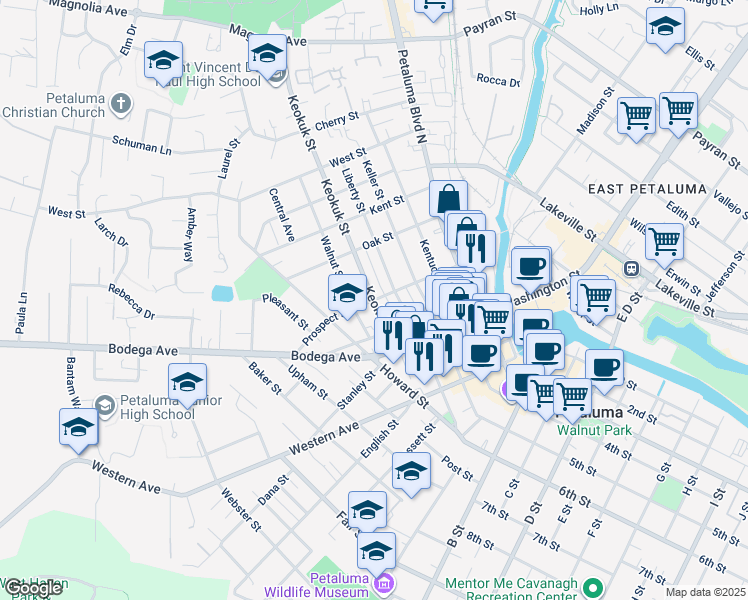 map of restaurants, bars, coffee shops, grocery stores, and more near Prospect Street in Petaluma
