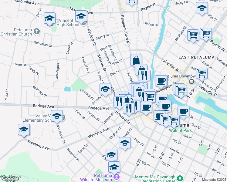 map of restaurants, bars, coffee shops, grocery stores, and more near Prospect Street in Petaluma
