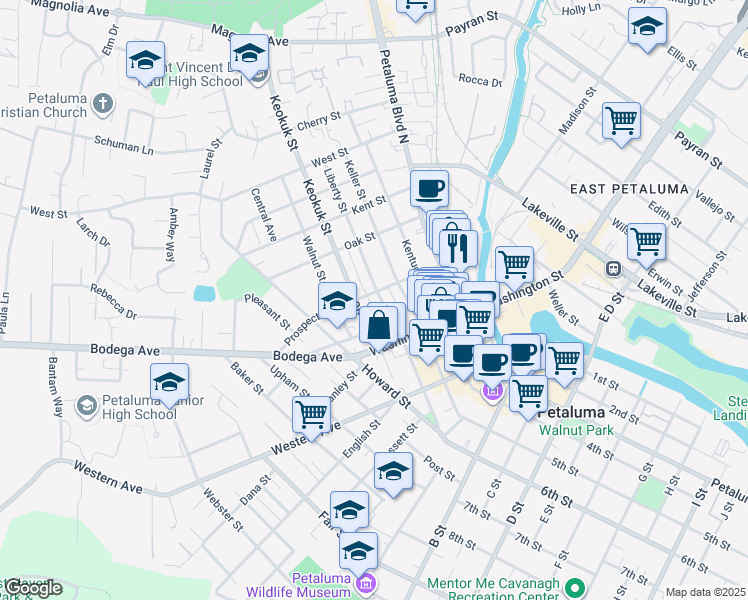 map of restaurants, bars, coffee shops, grocery stores, and more near 243 Liberty Street in Petaluma