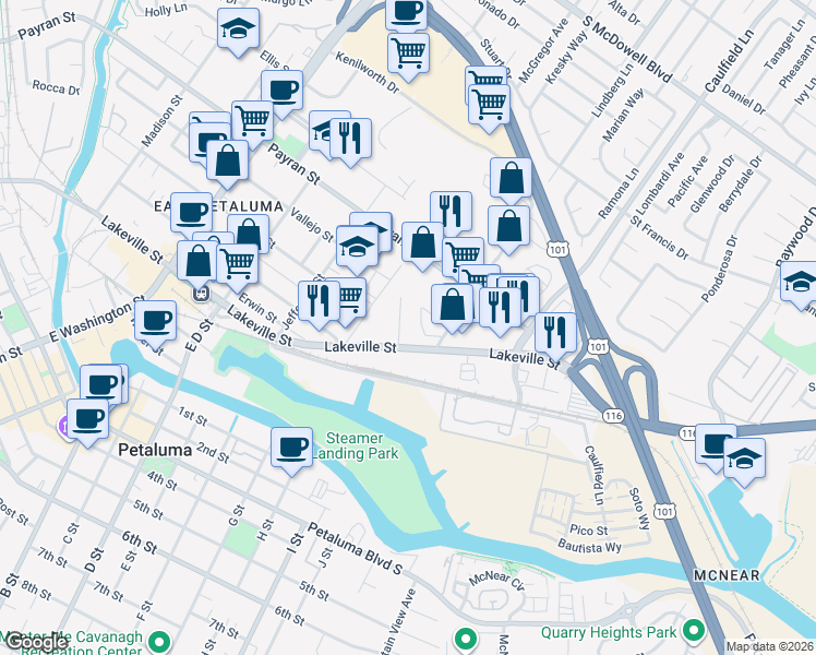 map of restaurants, bars, coffee shops, grocery stores, and more near 448 Lindberg Circle in Petaluma