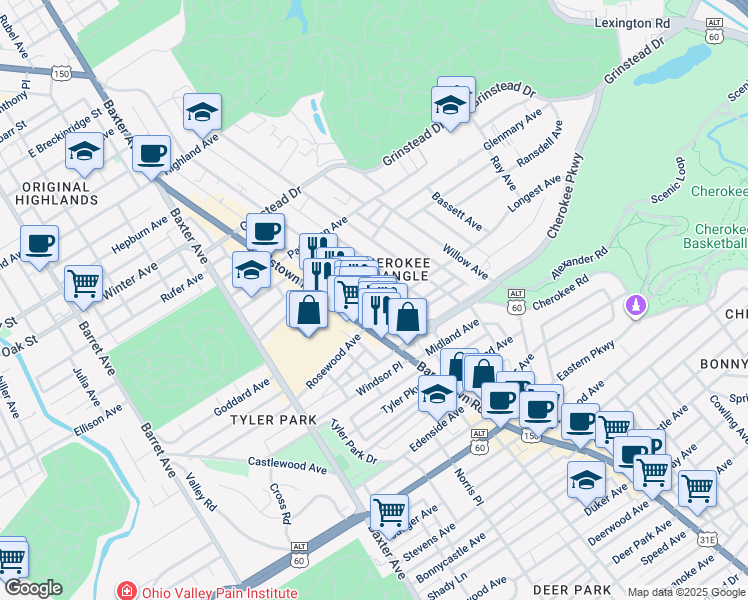map of restaurants, bars, coffee shops, grocery stores, and more near in Louisville