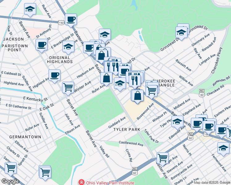 map of restaurants, bars, coffee shops, grocery stores, and more near 1610 Patterson Avenue in Louisville