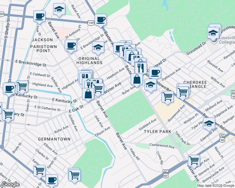 map of restaurants, bars, coffee shops, grocery stores, and more near 1411 Rufer Avenue in Louisville