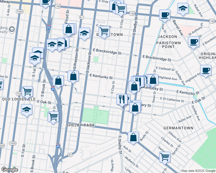 map of restaurants, bars, coffee shops, grocery stores, and more near 1012 Saint Paul Court in Louisville