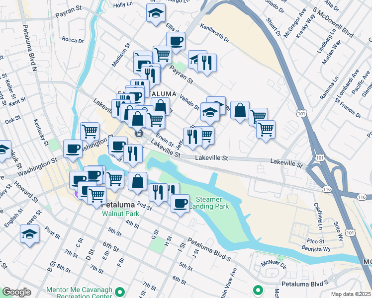 map of restaurants, bars, coffee shops, grocery stores, and more near 450 Jefferson Street in Petaluma