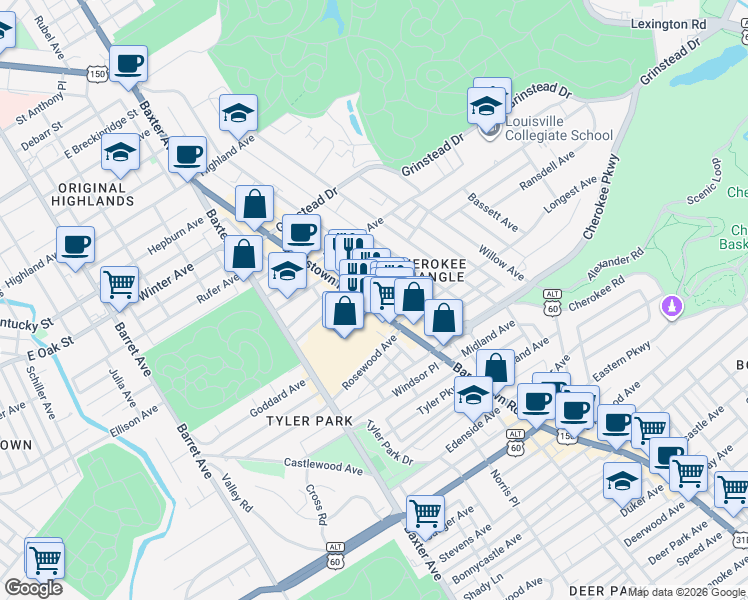 map of restaurants, bars, coffee shops, grocery stores, and more near 1275 Bardstown Road in Louisville