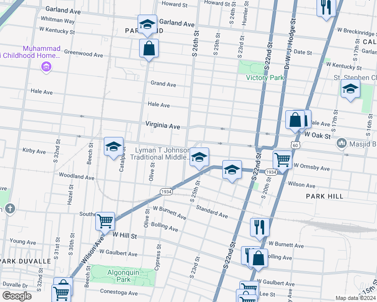 map of restaurants, bars, coffee shops, grocery stores, and more near 1313 South 26th Street in Louisville