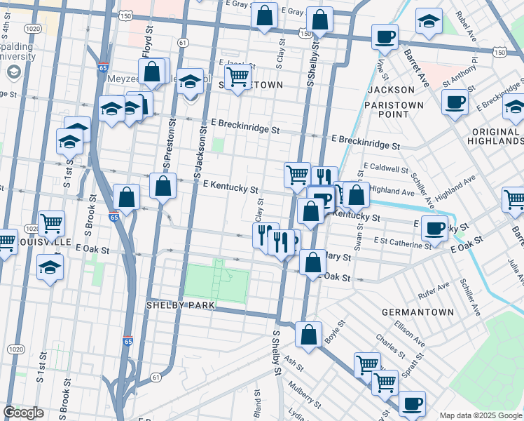 map of restaurants, bars, coffee shops, grocery stores, and more near 701 Baroness Avenue in Louisville