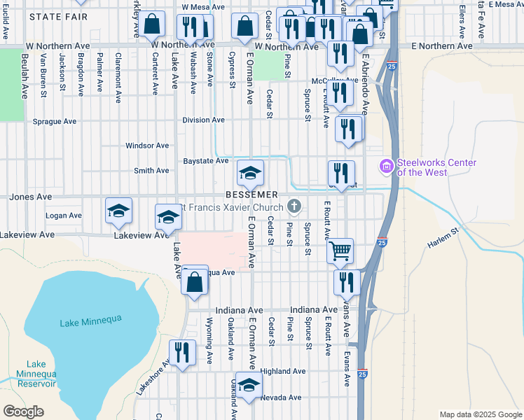 map of restaurants, bars, coffee shops, grocery stores, and more near 1708 East Orman Avenue in Pueblo