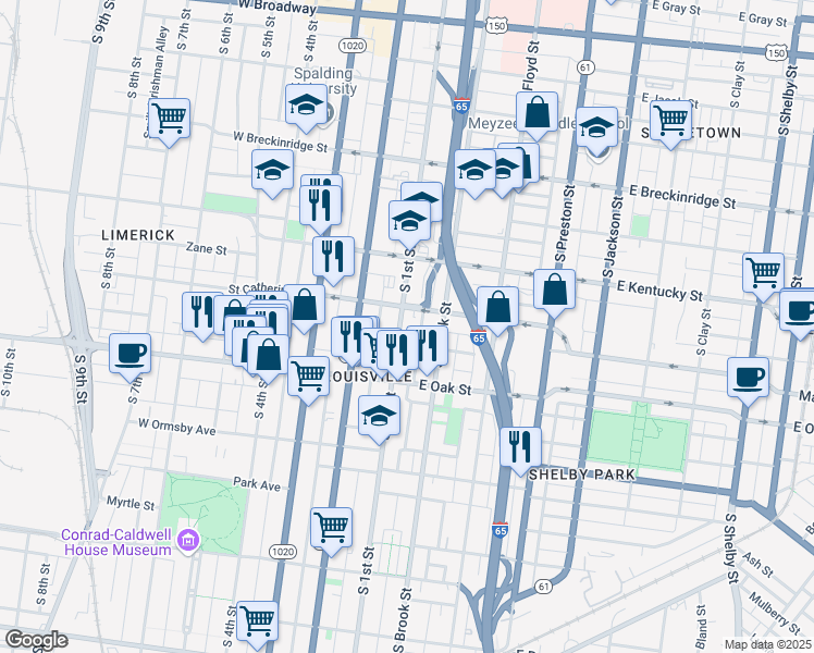 map of restaurants, bars, coffee shops, grocery stores, and more near 1115 South 1st Street in Louisville