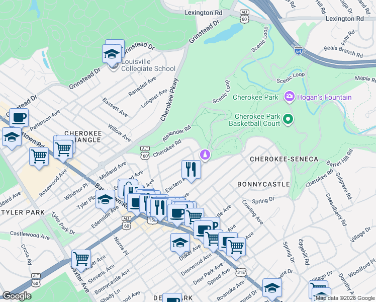 map of restaurants, bars, coffee shops, grocery stores, and more near 1452 Cherokee Road in Louisville