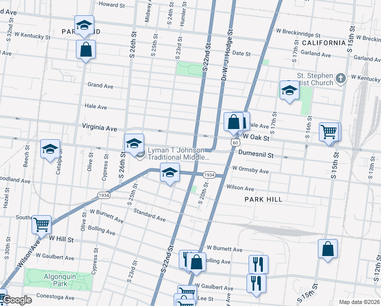 map of restaurants, bars, coffee shops, grocery stores, and more near 2116 Dumesnil Street in Louisville