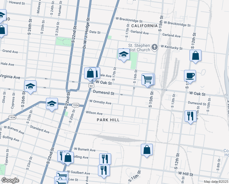 map of restaurants, bars, coffee shops, grocery stores, and more near 1717 Dumesnil Street in Louisville