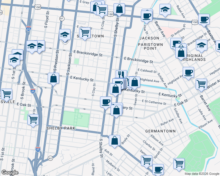 map of restaurants, bars, coffee shops, grocery stores, and more near 1008 Logan Street in Louisville