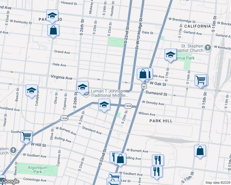 map of restaurants, bars, coffee shops, grocery stores, and more near 2116 Dumesnil Street in Louisville