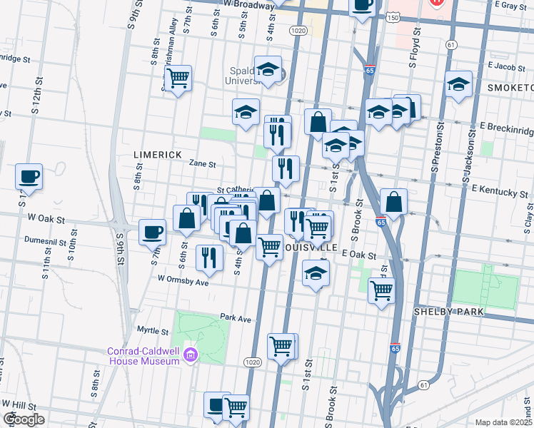 map of restaurants, bars, coffee shops, grocery stores, and more near 1124 South 3rd Street in Louisville