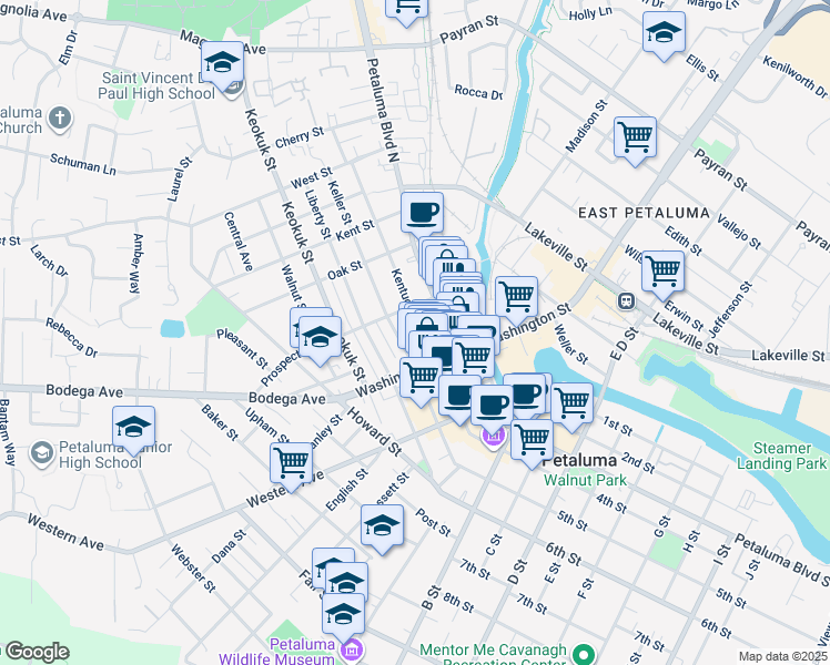 map of restaurants, bars, coffee shops, grocery stores, and more near 245 Kentucky Street in Petaluma