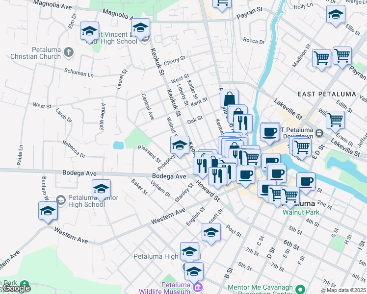 map of restaurants, bars, coffee shops, grocery stores, and more near 304 Keokuk Street in Petaluma