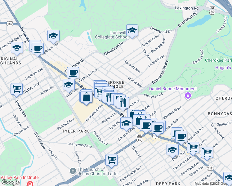 map of restaurants, bars, coffee shops, grocery stores, and more near 2118 Longest Avenue in Louisville