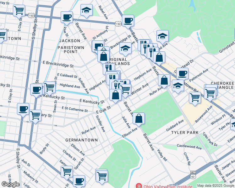 map of restaurants, bars, coffee shops, grocery stores, and more near 1013 Barret Avenue in Louisville
