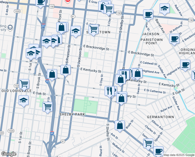 map of restaurants, bars, coffee shops, grocery stores, and more near 1008 South Clay Street in Louisville