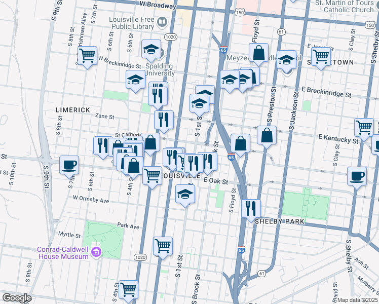 map of restaurants, bars, coffee shops, grocery stores, and more near 1107 South 1st Street in Louisville