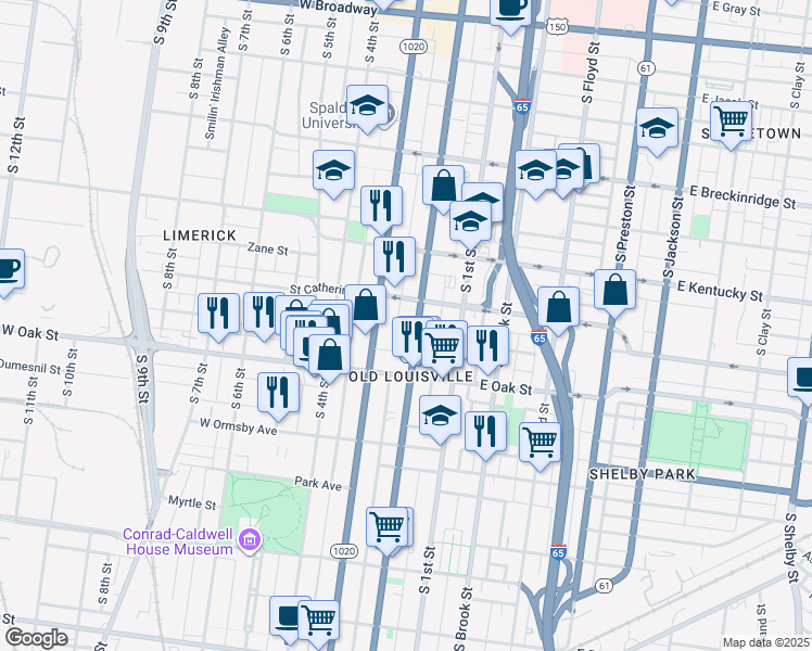 map of restaurants, bars, coffee shops, grocery stores, and more near 1111 South 2nd Street in Louisville