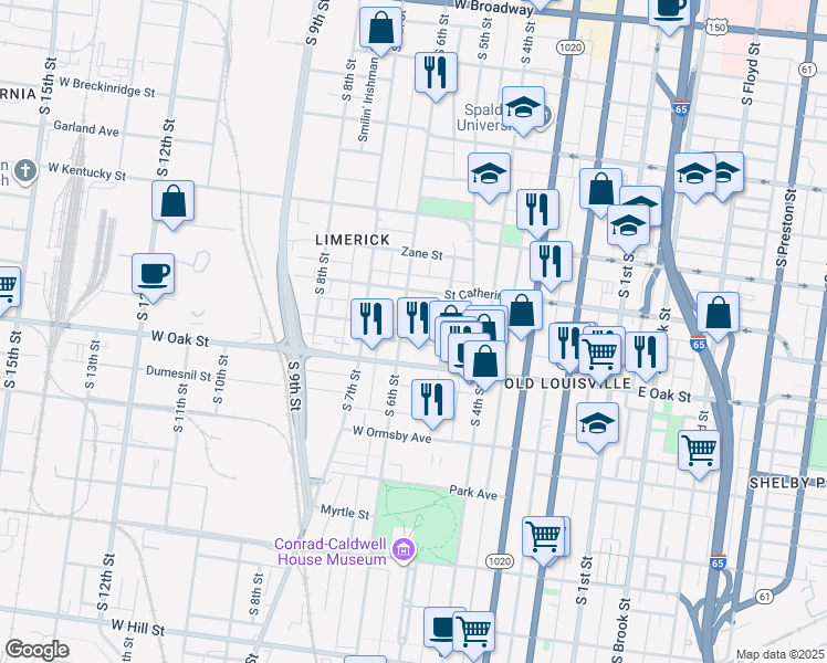 map of restaurants, bars, coffee shops, grocery stores, and more near 1122 Garvin Place in Louisville