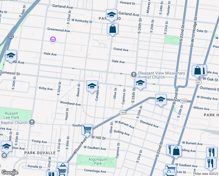 map of restaurants, bars, coffee shops, grocery stores, and more near in Louisville