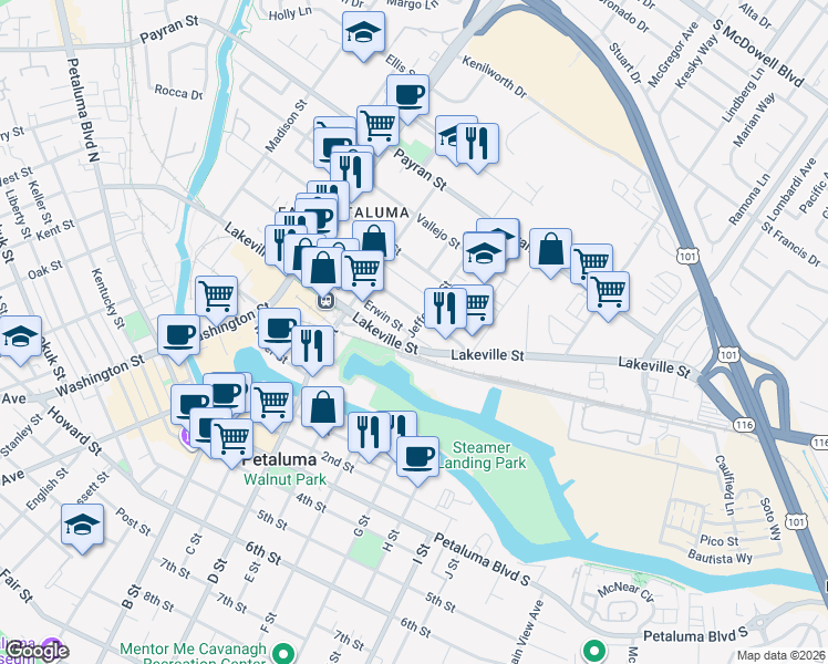 map of restaurants, bars, coffee shops, grocery stores, and more near 420 Jefferson Street in Petaluma