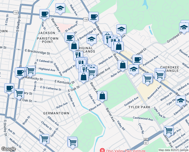 map of restaurants, bars, coffee shops, grocery stores, and more near 1319 Winter Avenue in Louisville