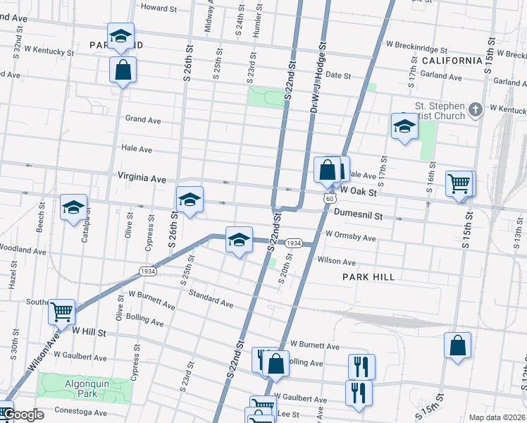 map of restaurants, bars, coffee shops, grocery stores, and more near 2116 Dumesnil Street in Louisville
