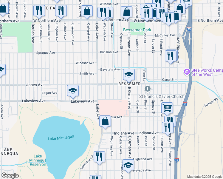 map of restaurants, bars, coffee shops, grocery stores, and more near 1711 Stone Avenue in Pueblo