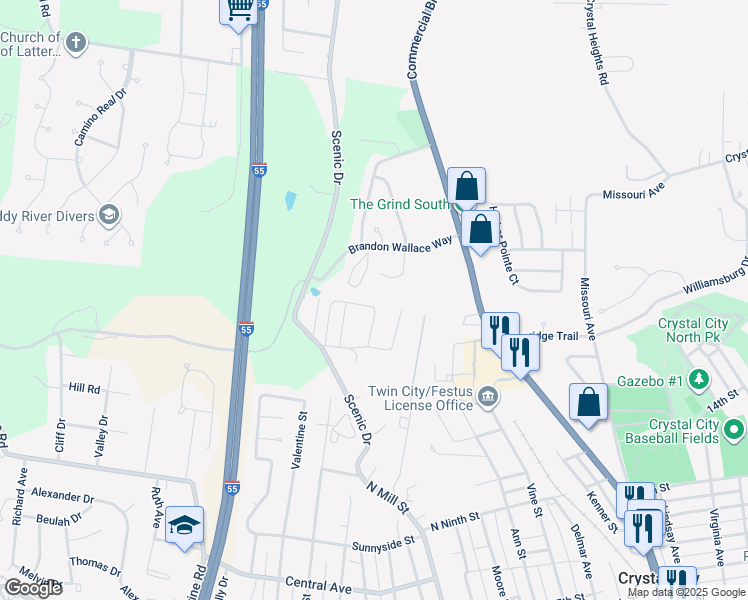 map of restaurants, bars, coffee shops, grocery stores, and more near 1832 Oak Drive in Festus