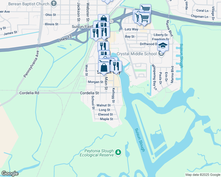 map of restaurants, bars, coffee shops, grocery stores, and more near 511 Line St in Suisun City