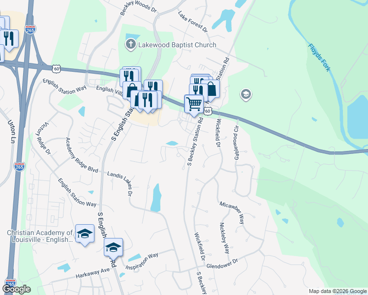 map of restaurants, bars, coffee shops, grocery stores, and more near Club Hill Drive in Louisville