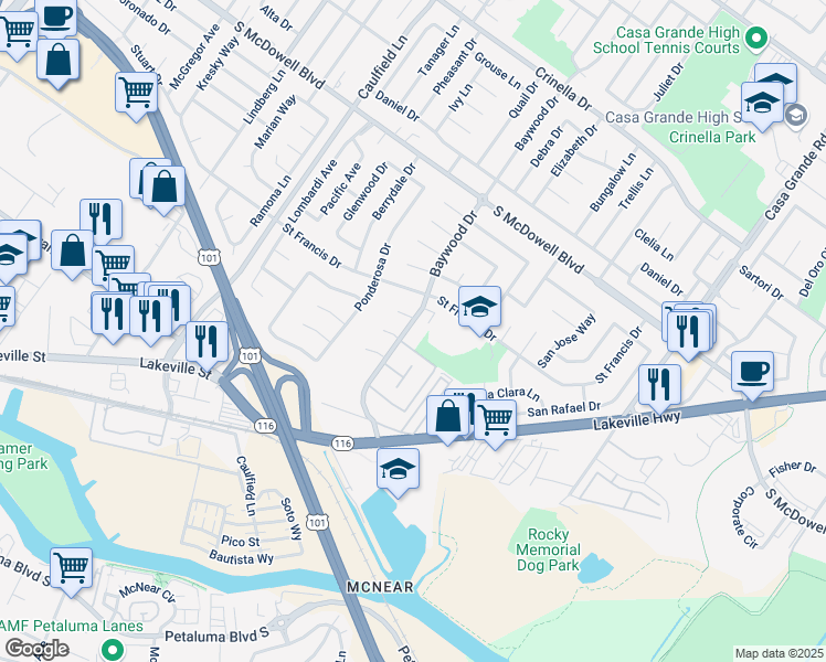 map of restaurants, bars, coffee shops, grocery stores, and more near 23 Baywood Drive in Petaluma