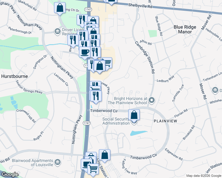 map of restaurants, bars, coffee shops, grocery stores, and more near 9803 Willow Brook Circle in Louisville