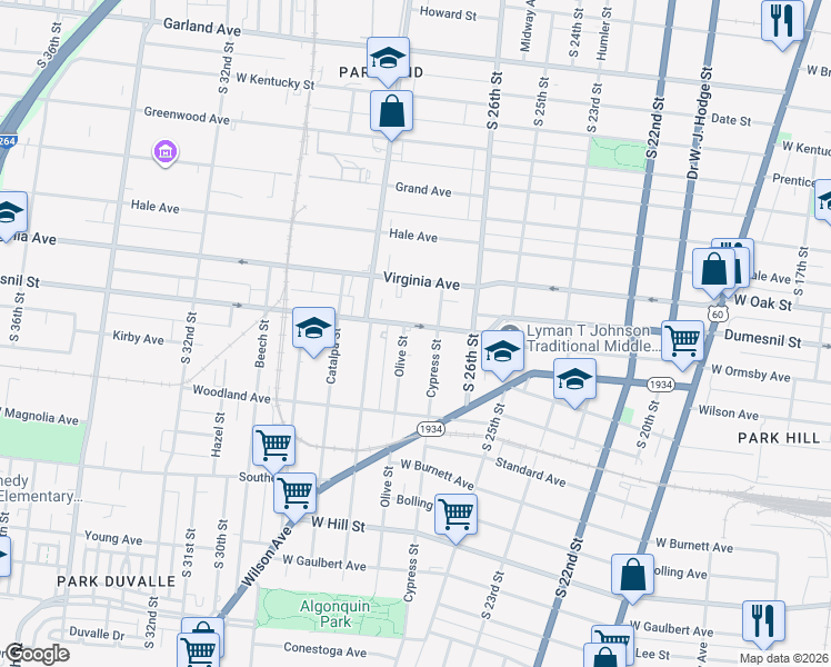 map of restaurants, bars, coffee shops, grocery stores, and more near 2714 Dumesnil Street in Louisville
