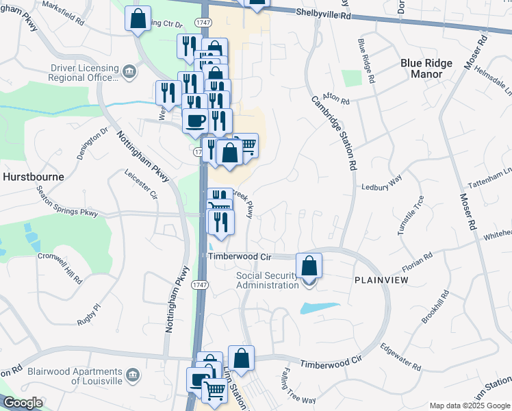map of restaurants, bars, coffee shops, grocery stores, and more near 9803 Willow Brook Circle in Louisville