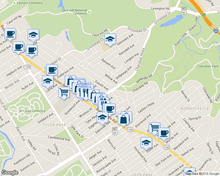 map of restaurants, bars, coffee shops, grocery stores, and more near 1319 Everett Avenue in Louisville