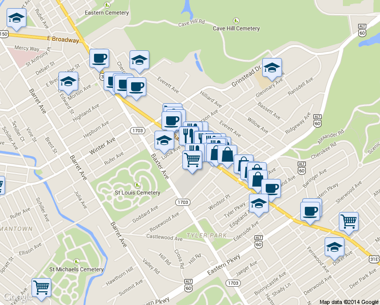 map of restaurants, bars, coffee shops, grocery stores, and more near 1241 Bardstown Road in Louisville