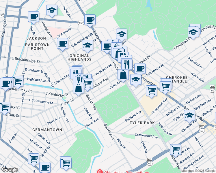 map of restaurants, bars, coffee shops, grocery stores, and more near 1411 Rufer Avenue in Louisville