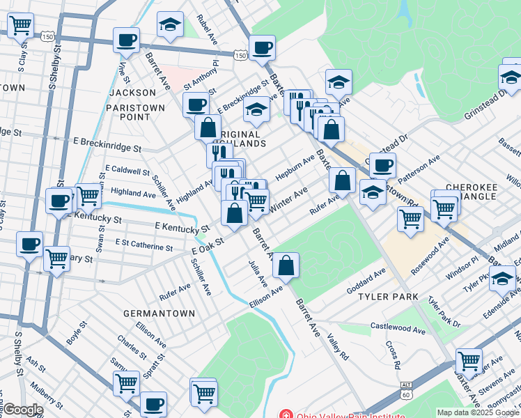 map of restaurants, bars, coffee shops, grocery stores, and more near 1329 Winter Avenue in Louisville