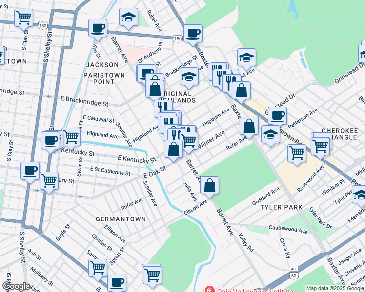 map of restaurants, bars, coffee shops, grocery stores, and more near 1013 Barret Avenue in Louisville