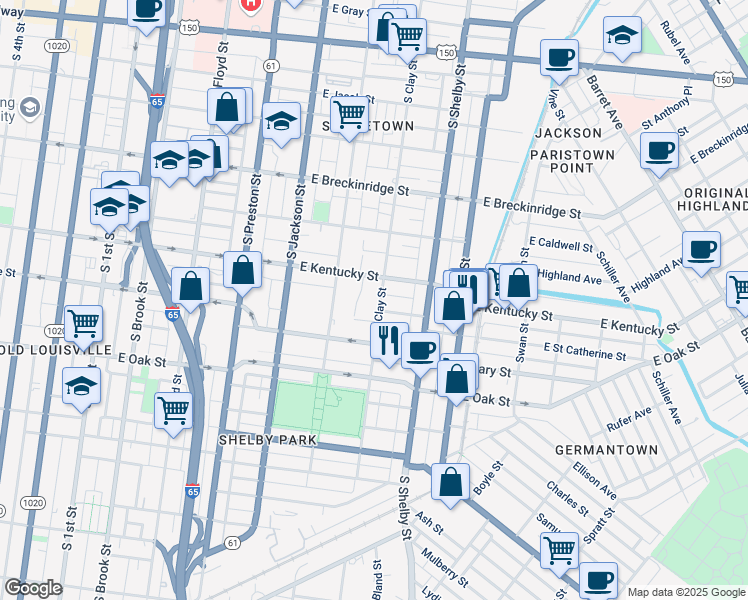 map of restaurants, bars, coffee shops, grocery stores, and more near 1008 South Clay Street in Louisville