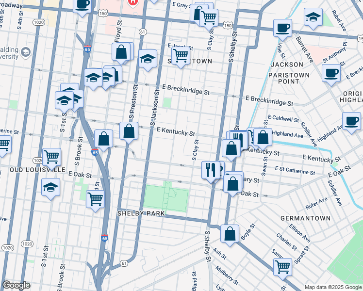 map of restaurants, bars, coffee shops, grocery stores, and more near 1012 Saint Paul Court in Louisville