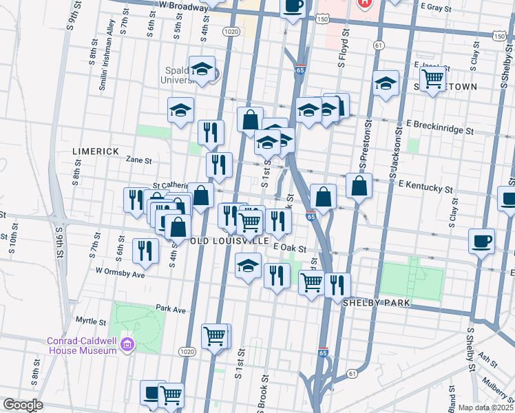 map of restaurants, bars, coffee shops, grocery stores, and more near 1107 South 1st Street in Louisville