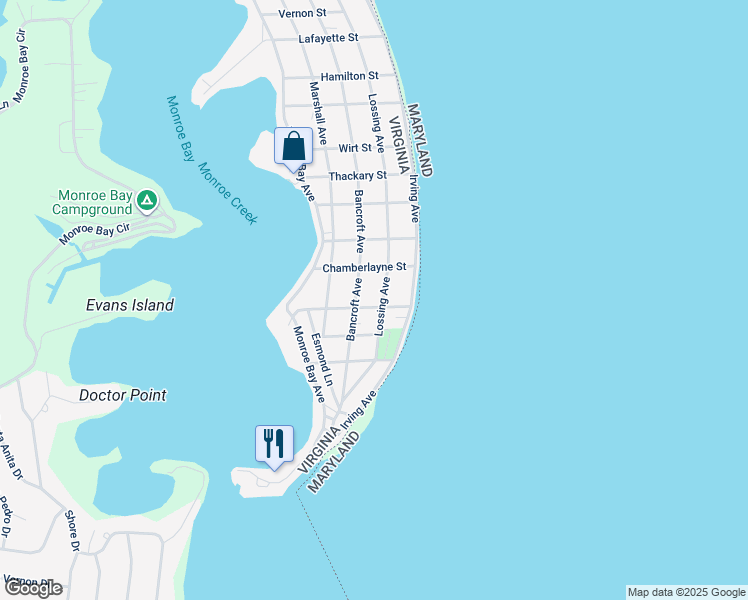 map of restaurants, bars, coffee shops, grocery stores, and more near 1231 Lossing Avenue in Colonial Beach