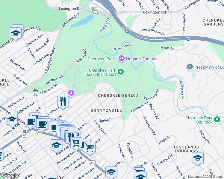 map of restaurants, bars, coffee shops, grocery stores, and more near 1568 Cherokee Road in Louisville